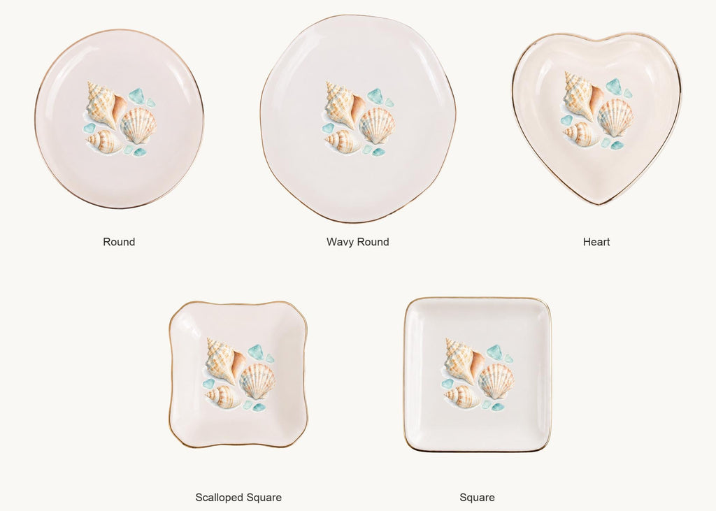 Coastal Shells Ceramic Ring Dish, Gold Rim Trinket Tray, Jewelry Holder Gift, Five Shape Options
