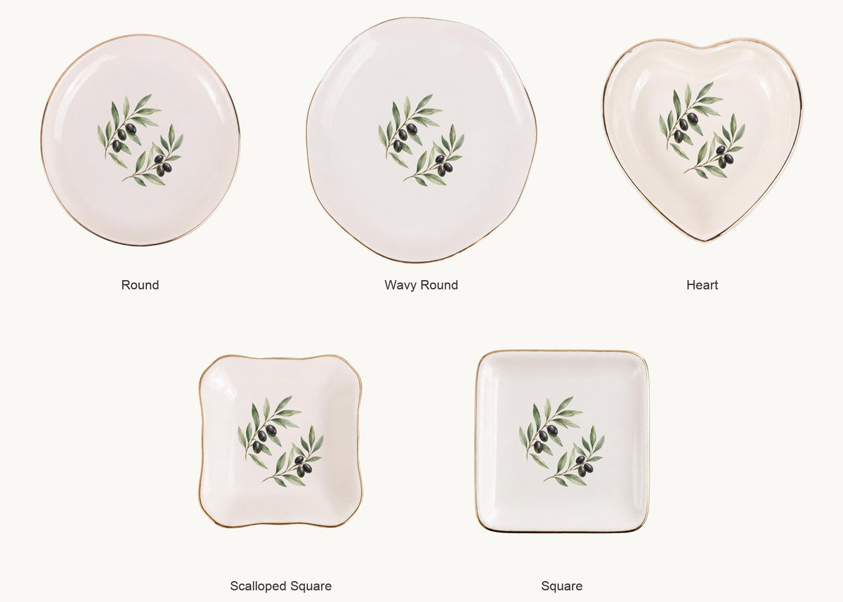 Olive Branch Ceramic Ring Dish, Gold Rim Trinket Tray, Jewelry Holder Gift, Five Shape Options