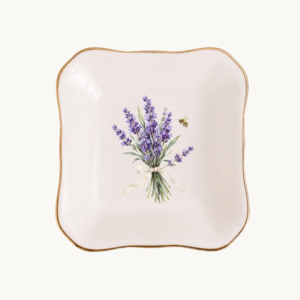 Lavender Garden Ceramic Ring Dish, Gold Rim Trinket Tray, Jewelry Holder Gift, Five Shape Options