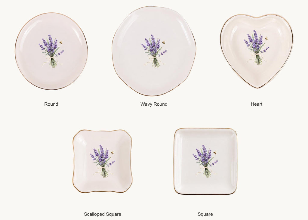 Lavender Garden Ceramic Ring Dish, Gold Rim Trinket Tray, Jewelry Holder Gift, Five Shape Options