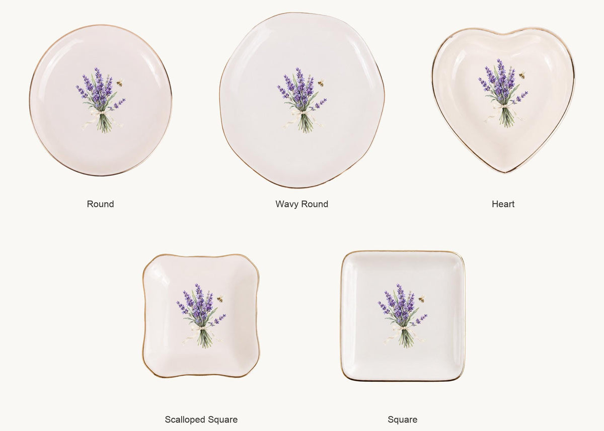 Lavender Garden Ceramic Ring Dish, Gold Rim Trinket Tray, Jewelry Holder Gift, Five Shape Options