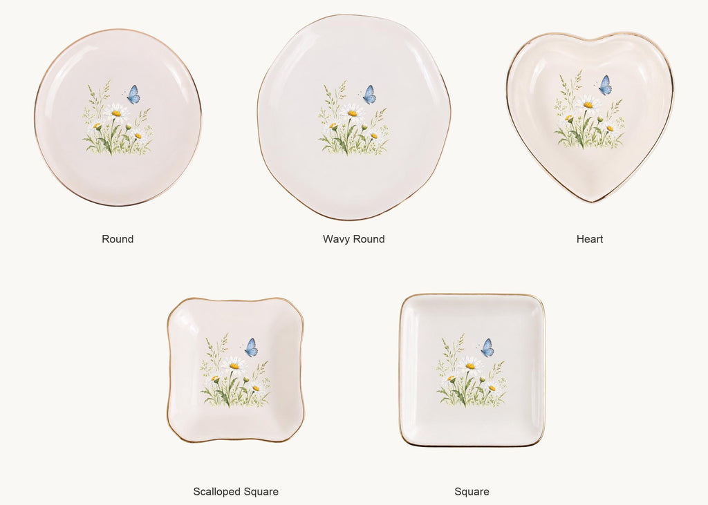 Butterfly Meadow Ceramic Ring Dish, Gold Rim Trinket Tray, Jewelry Holder Gift, Five Shape Options