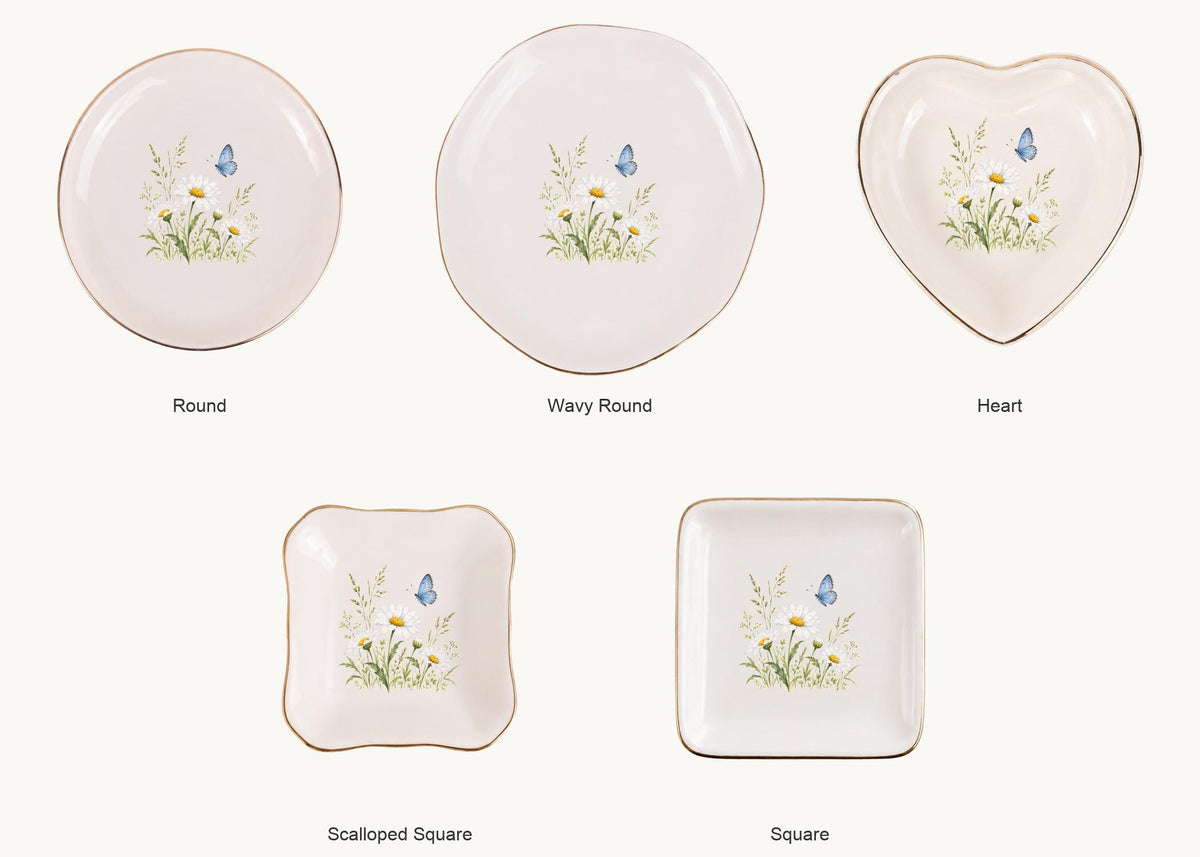 Butterfly Meadow Ceramic Ring Dish, Gold Rim Trinket Tray, Jewelry Holder Gift, Five Shape Options