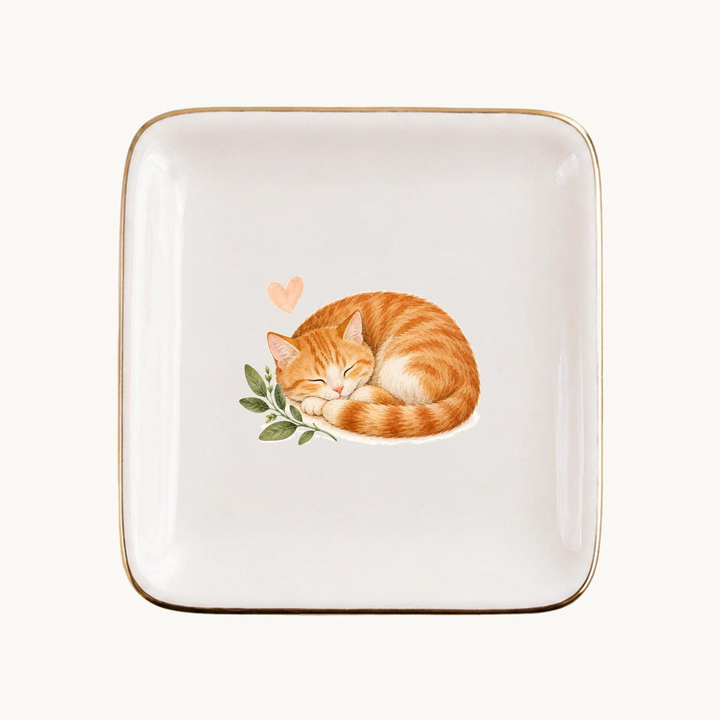 Sleeping Cat Ceramic Ring Dish, Gold Rim Trinket Tray, Jewelry Holder Gift, Five Shape Options