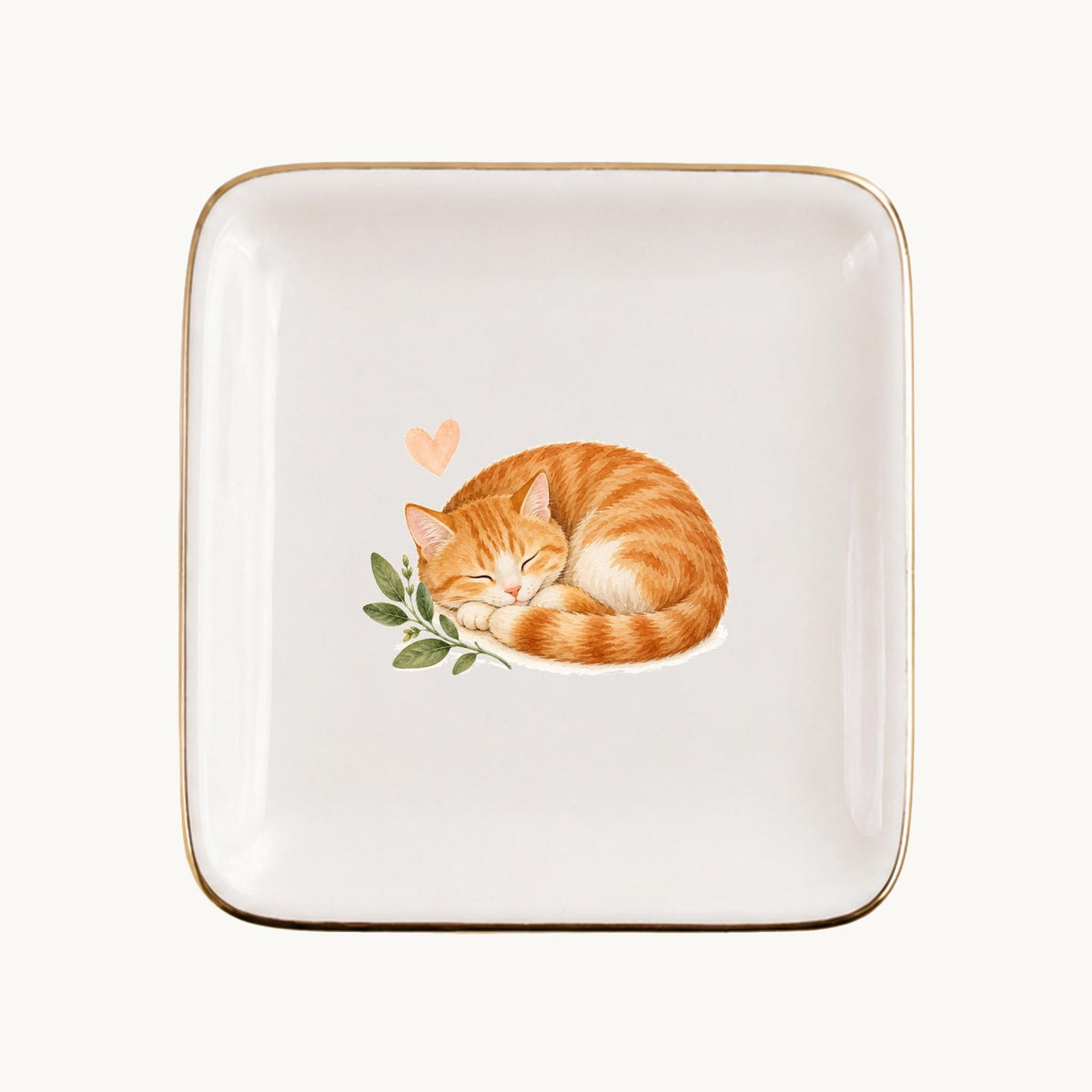 Sleeping Cat Ceramic Ring Dish, Gold Rim Trinket Tray, Jewelry Holder Gift, Five Shape Options
