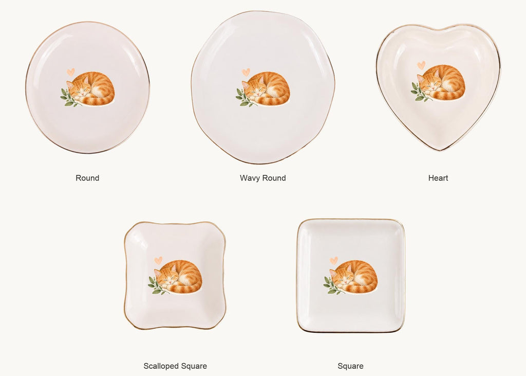 Sleeping Cat Ceramic Ring Dish, Gold Rim Trinket Tray, Jewelry Holder Gift, Five Shape Options