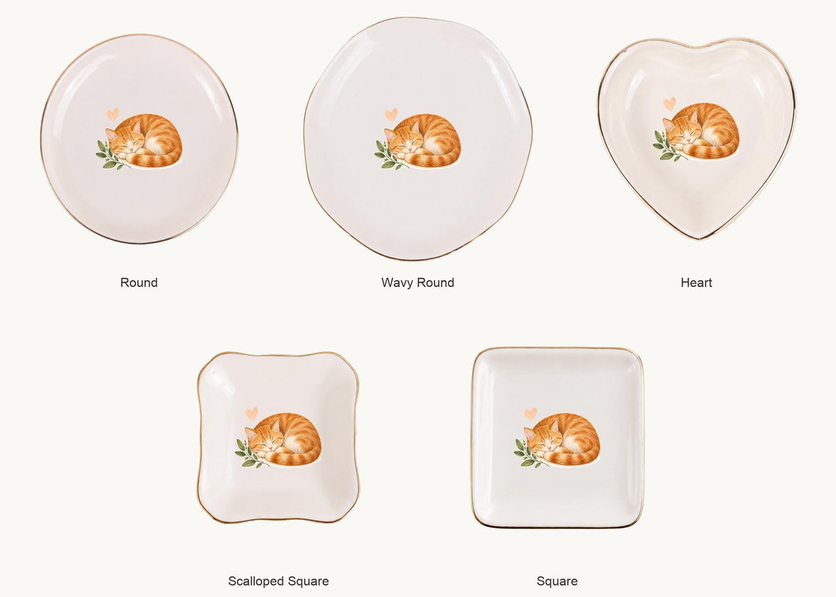 Sleeping Cat Ceramic Ring Dish, Gold Rim Trinket Tray, Jewelry Holder Gift, Five Shape Options