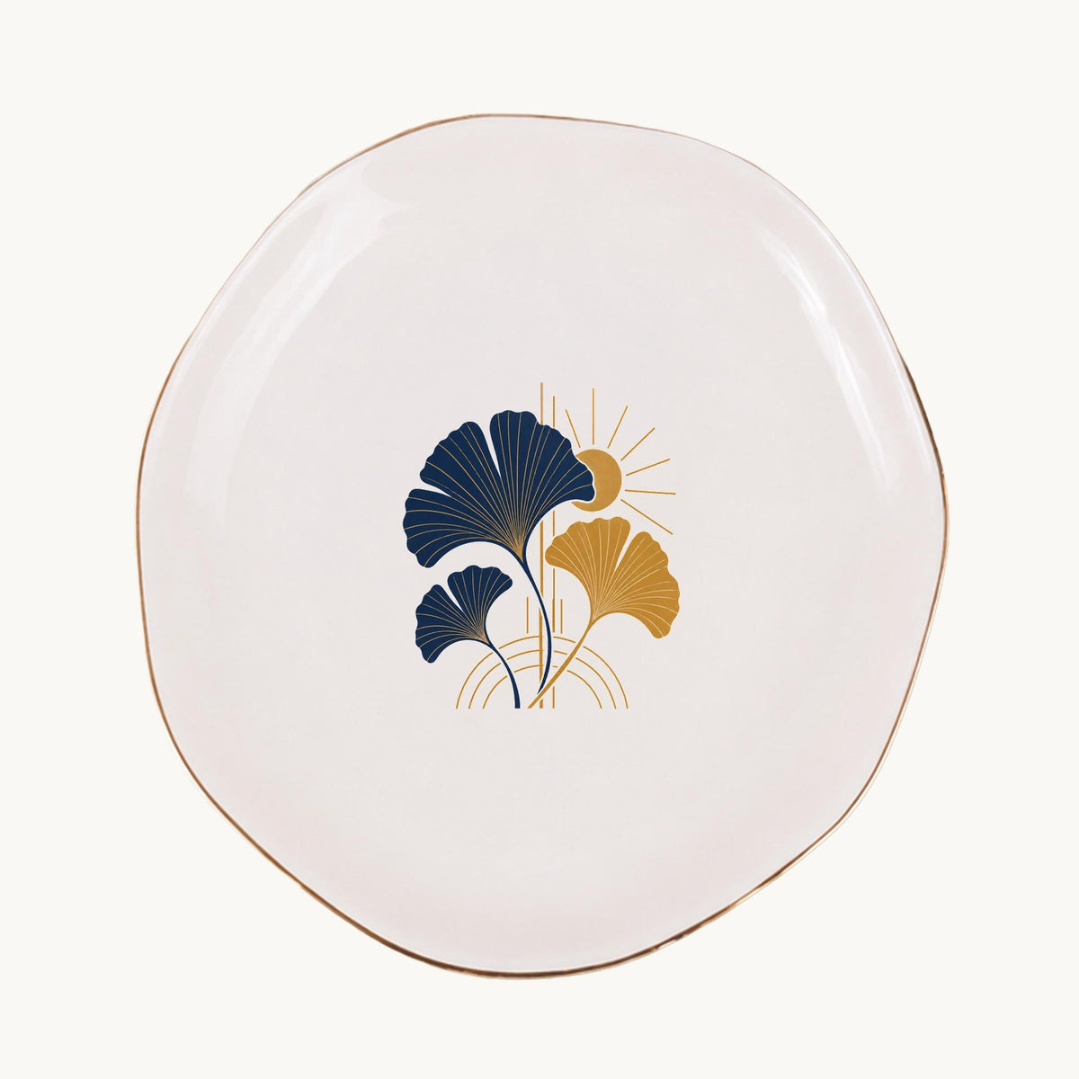 Art Deco Ginkgo Ceramic Ring Dish, Gold Rim Trinket Tray, Jewelry Holder Gift, Five Shape Options