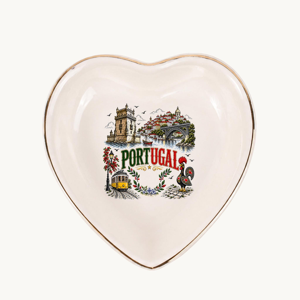 Portugal Ceramic Ring Dish, Gold Rim Trinket Tray, Jewelry Holder Gift, Five Shape Options