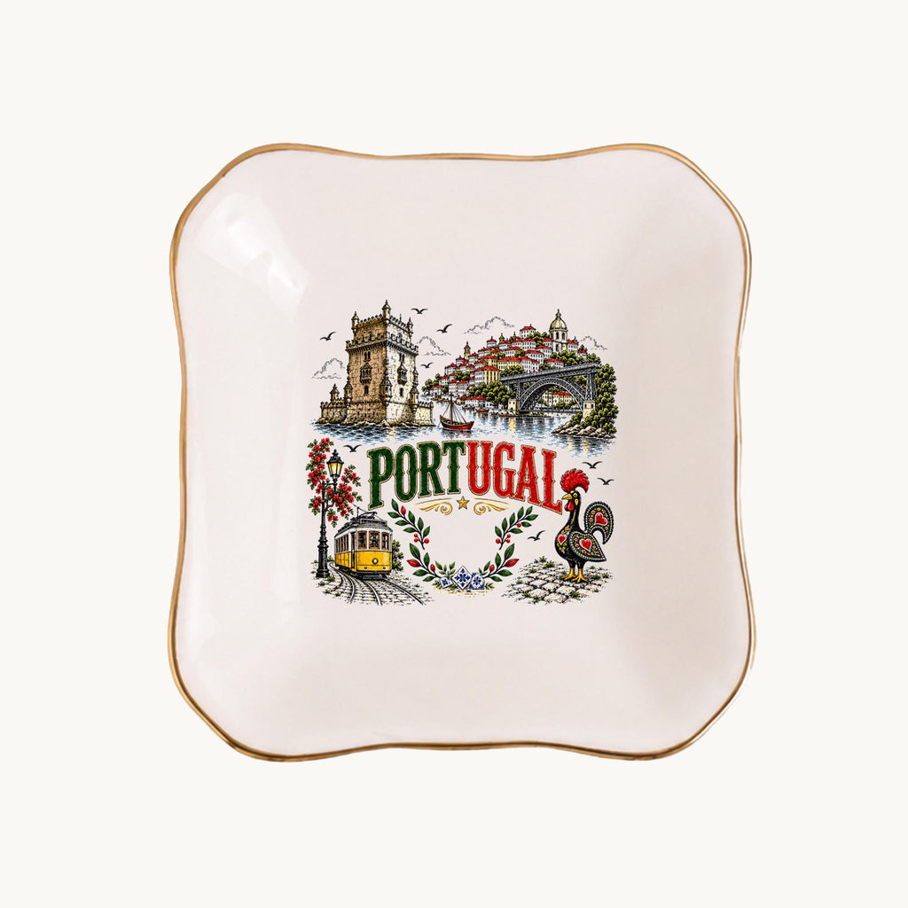 Portugal Ceramic Ring Dish, Gold Rim Trinket Tray, Jewelry Holder Gift, Five Shape Options
