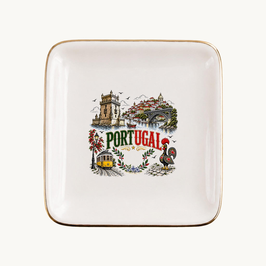 Portugal Ceramic Ring Dish, Gold Rim Trinket Tray, Jewelry Holder Gift, Five Shape Options