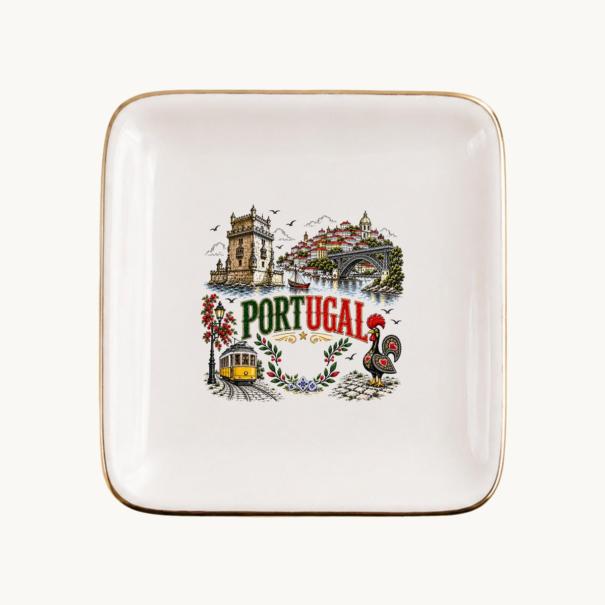 Portugal Ceramic Ring Dish, Gold Rim Trinket Tray, Jewelry Holder Gift, Five Shape Options