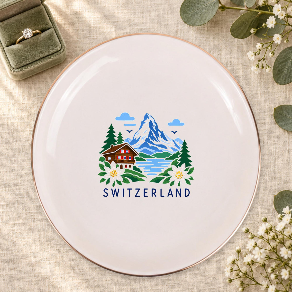 Switzerland Ceramic Ring Dish, Gold Rim Trinket Tray, Jewelry Holder Gift, Five Shape Options