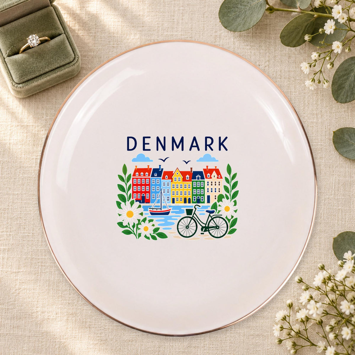 Denmark Ceramic Ring Dish, Gold Rim Trinket Tray, Jewelry Holder Gift, Five Shape Options