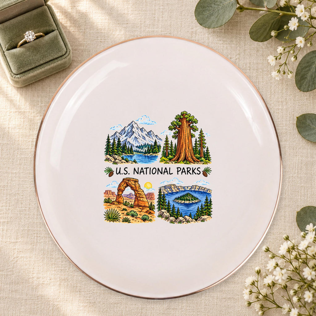 U.S. National Parks Ceramic Ring Dish, Gold Rim Trinket Tray, Jewelry Holder Gift, Five Shape Options