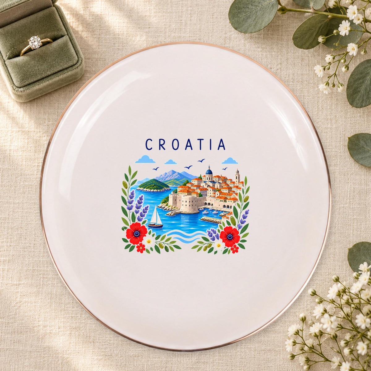 Croatia Ceramic Ring Dish, Gold Rim Trinket Tray, Jewelry Holder Gift, Five Shape Options