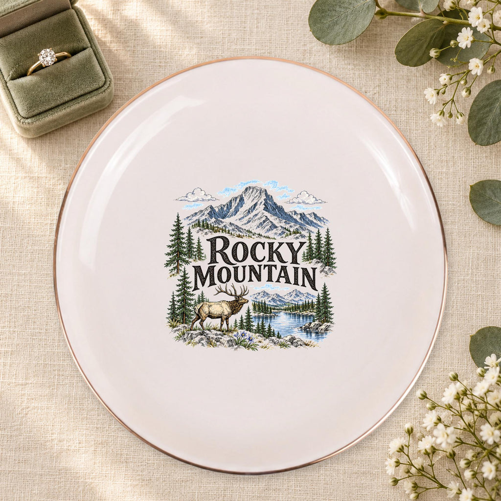Rocky Mountain Ceramic Ring Dish, Gold Rim Trinket Tray, Jewelry Holder Gift, Five Shape Options