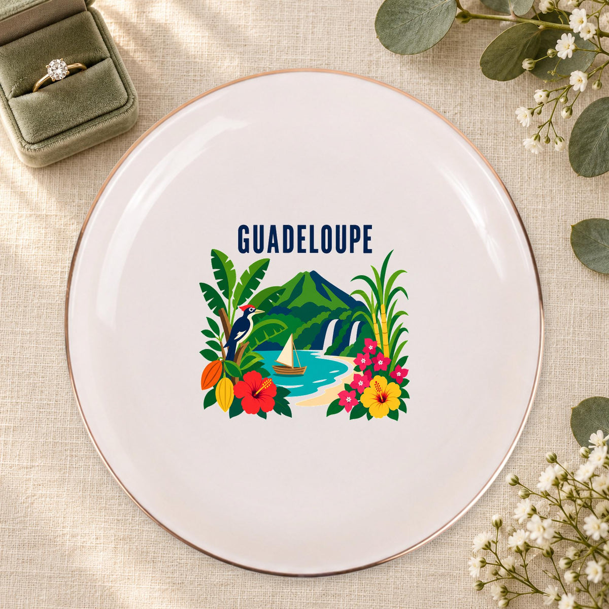 Guadeloupe Ceramic Ring Dish, Gold Rim Trinket Tray, Jewelry Holder Gift, Five Shape Options
