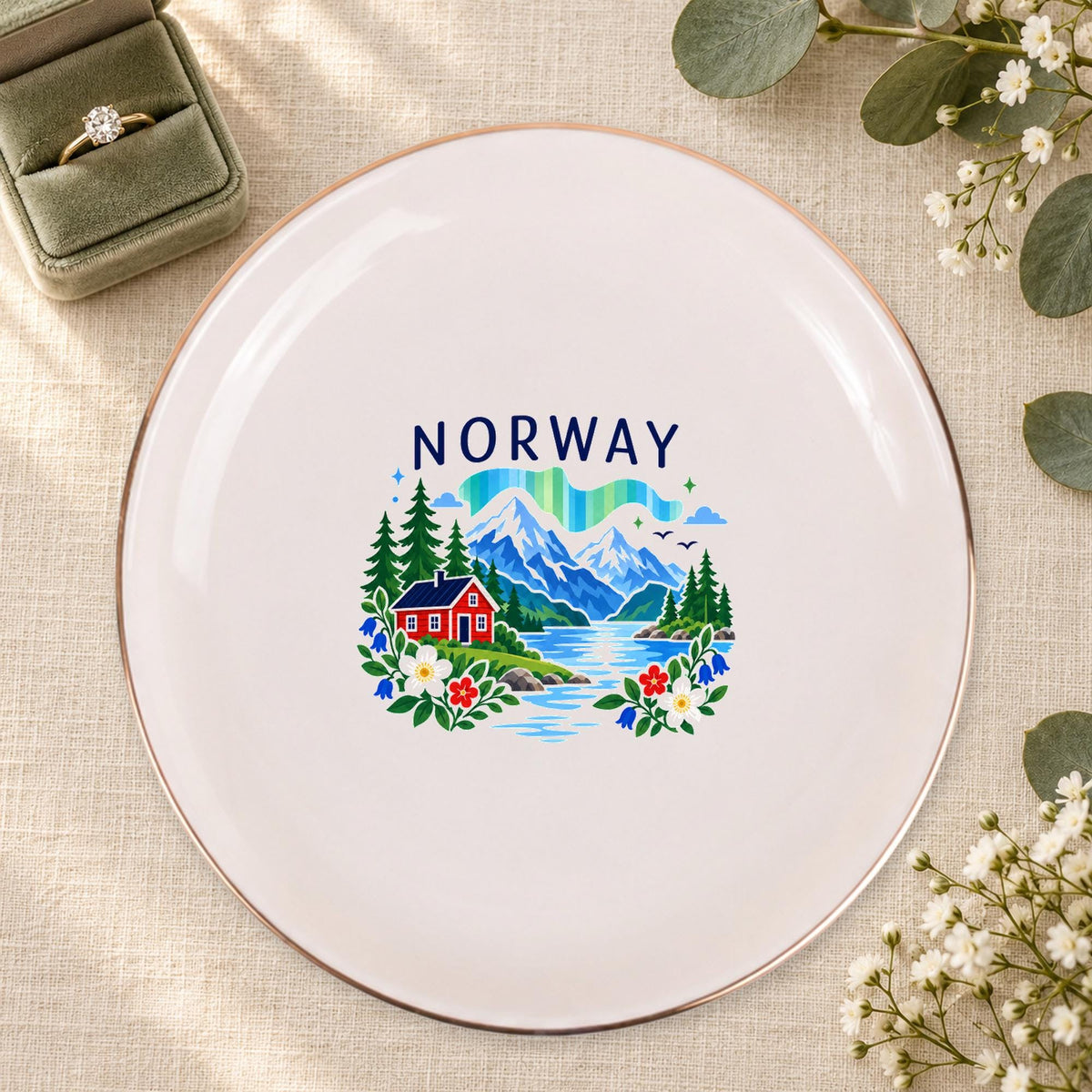 Norway Ceramic Ring Dish, Gold Rim Trinket Tray, Jewelry Holder Gift, Five Shape Options