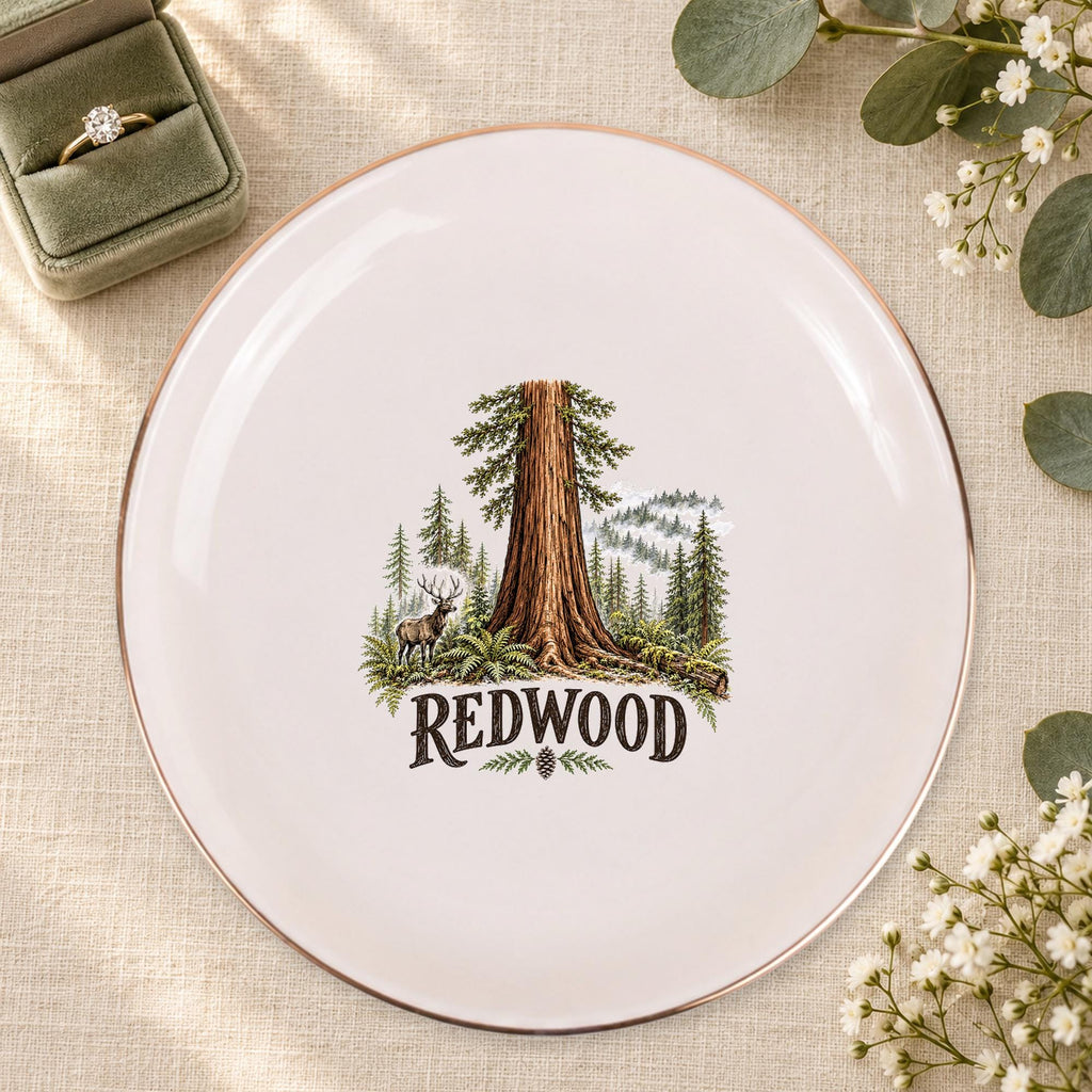 Redwood Ceramic Ring Dish, Gold Rim Trinket Tray, Jewelry Holder Gift, Five Shape Options