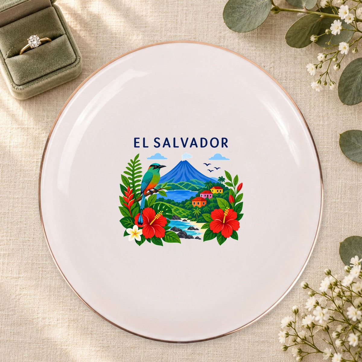 El Salvador Ceramic Ring Dish, Gold Rim Trinket Tray, Jewelry Holder Gift, Five Shape Options