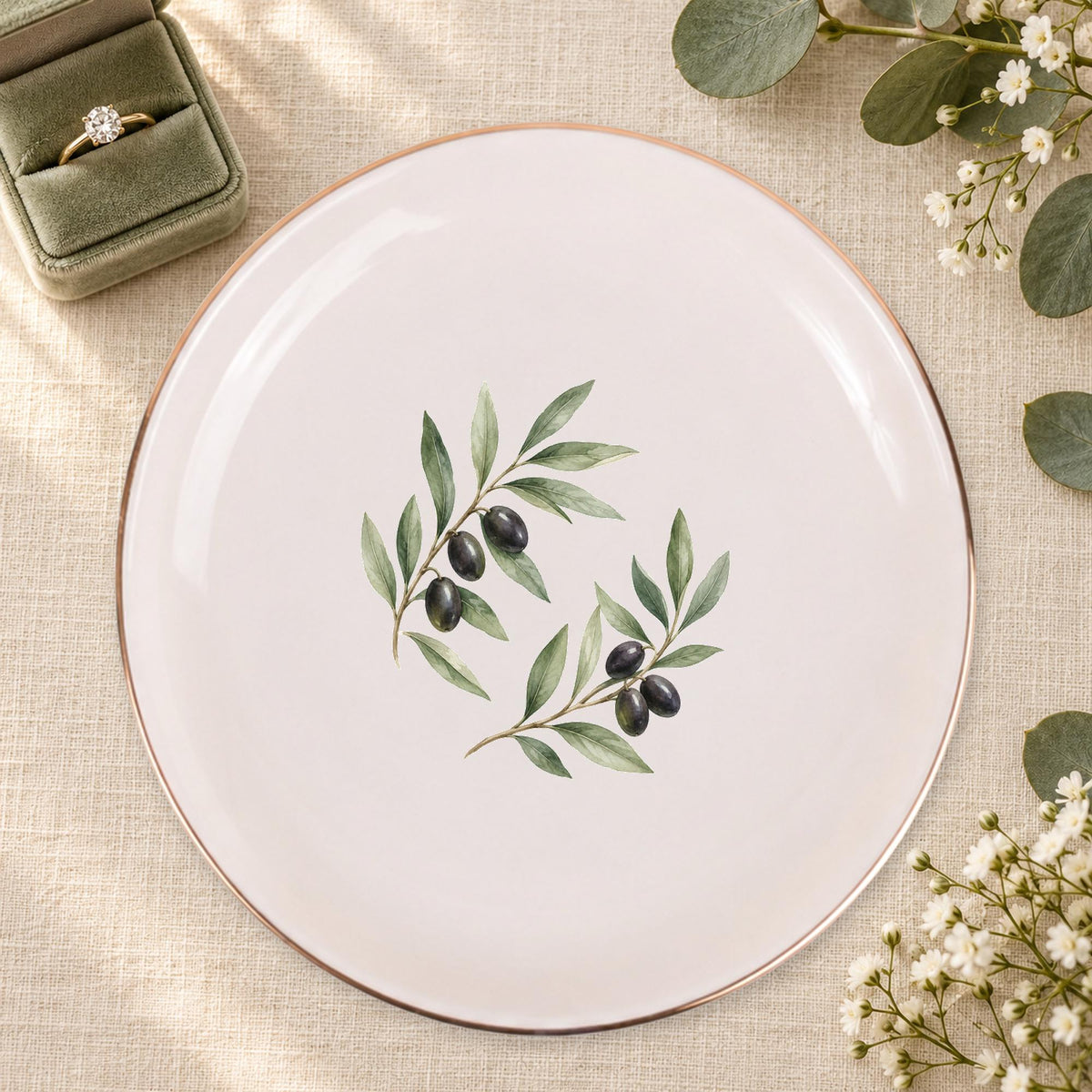 Olive Branch Ceramic Ring Dish, Gold Rim Trinket Tray, Jewelry Holder Gift, Five Shape Options