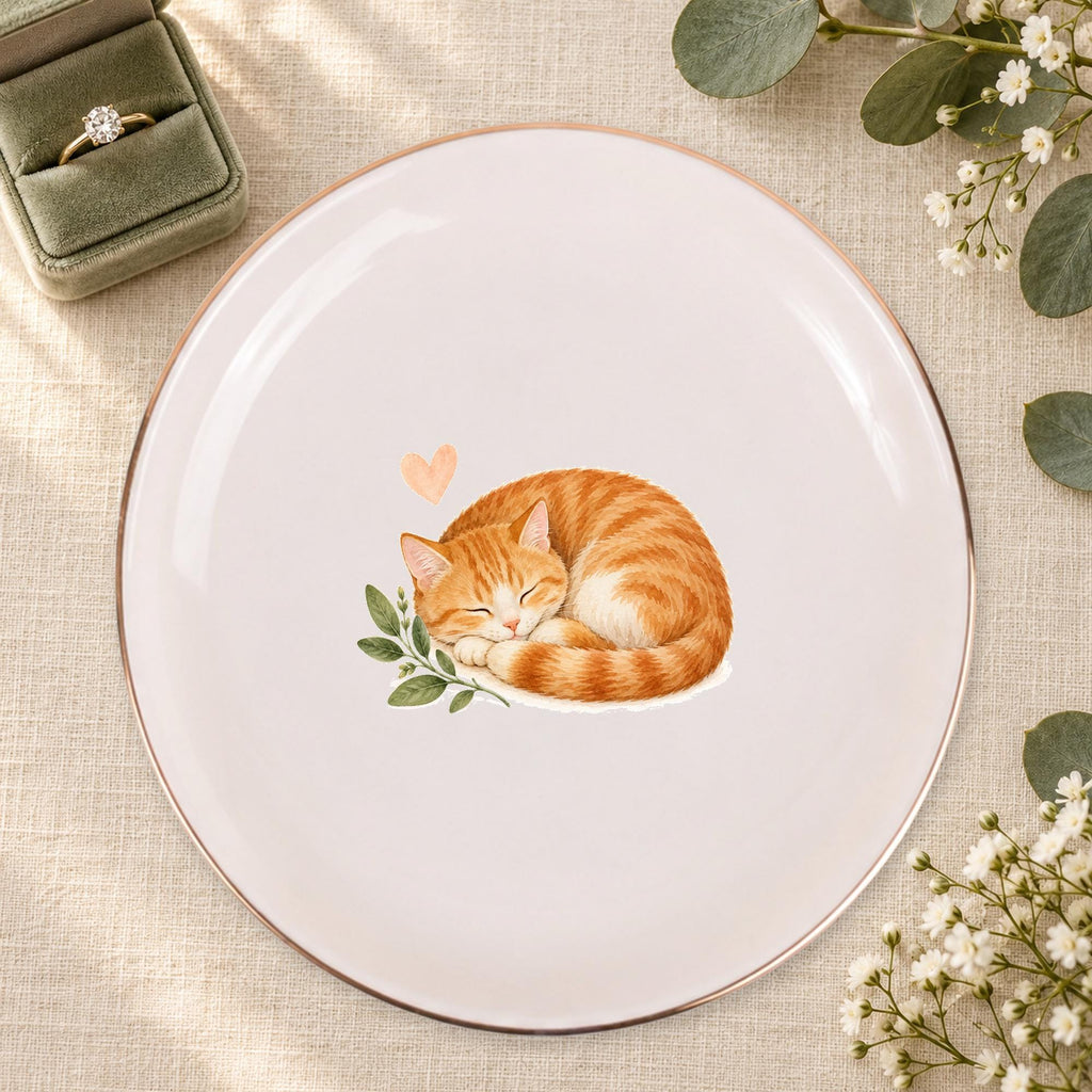 Sleeping Cat Ceramic Ring Dish, Gold Rim Trinket Tray, Jewelry Holder Gift, Five Shape Options