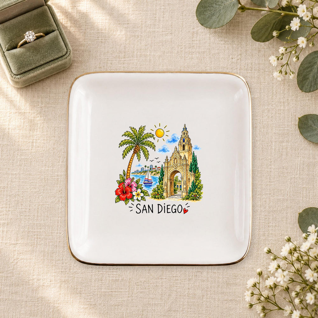 San Diego Ceramic Ring Dish, Gold Rim Trinket Tray, Jewelry Holder Gift, Five Shape Options