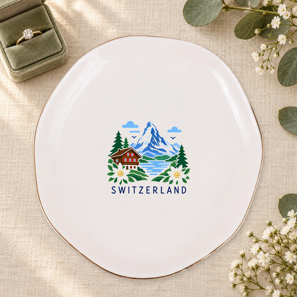 Switzerland Ceramic Ring Dish, Gold Rim Trinket Tray, Jewelry Holder Gift, Five Shape Options
