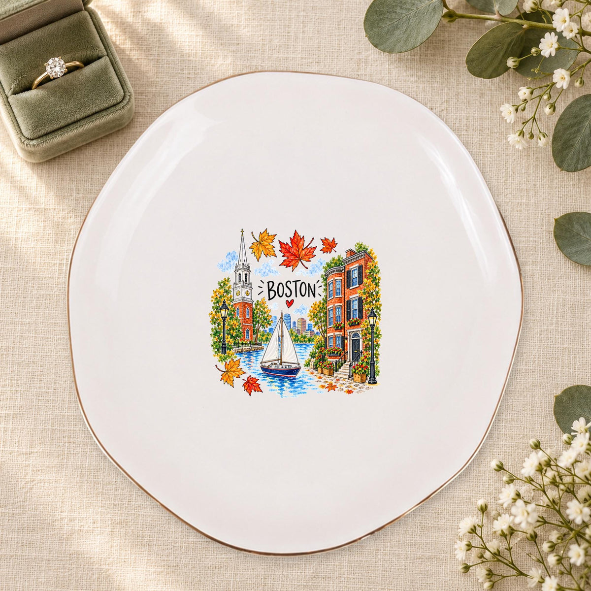 Boston Ceramic Ring Dish, Gold Rim Trinket Tray, Jewelry Holder Gift, Five Shape Options