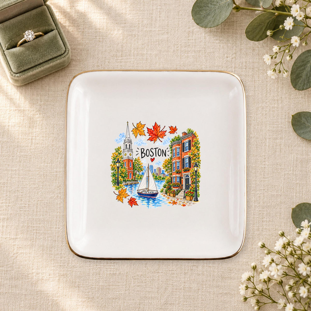 Boston Ceramic Ring Dish, Gold Rim Trinket Tray, Jewelry Holder Gift, Five Shape Options