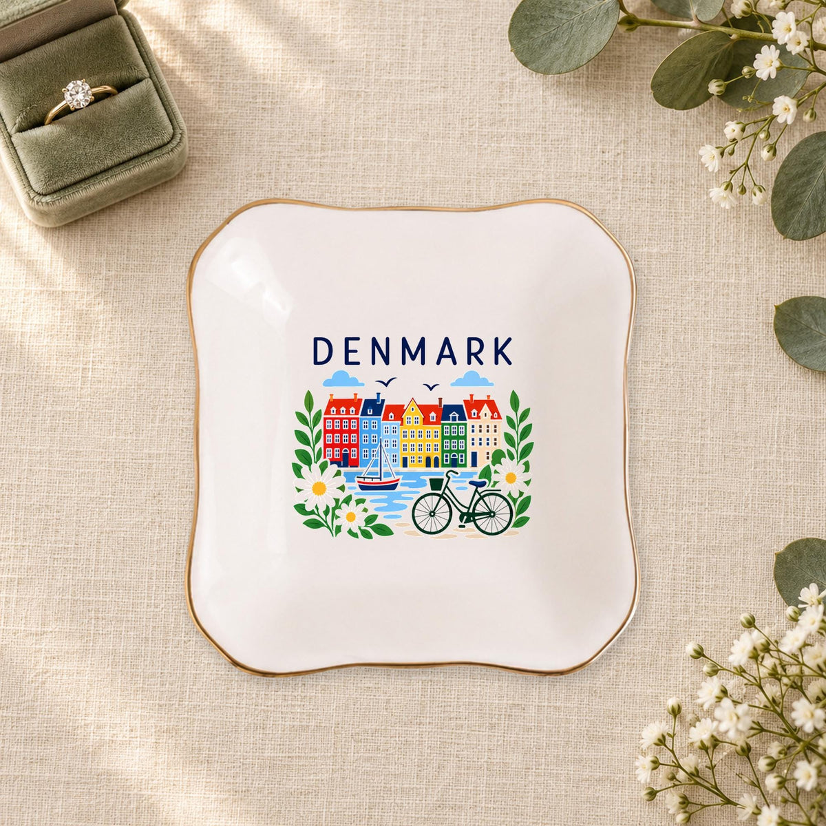 Denmark Ceramic Ring Dish, Gold Rim Trinket Tray, Jewelry Holder Gift, Five Shape Options