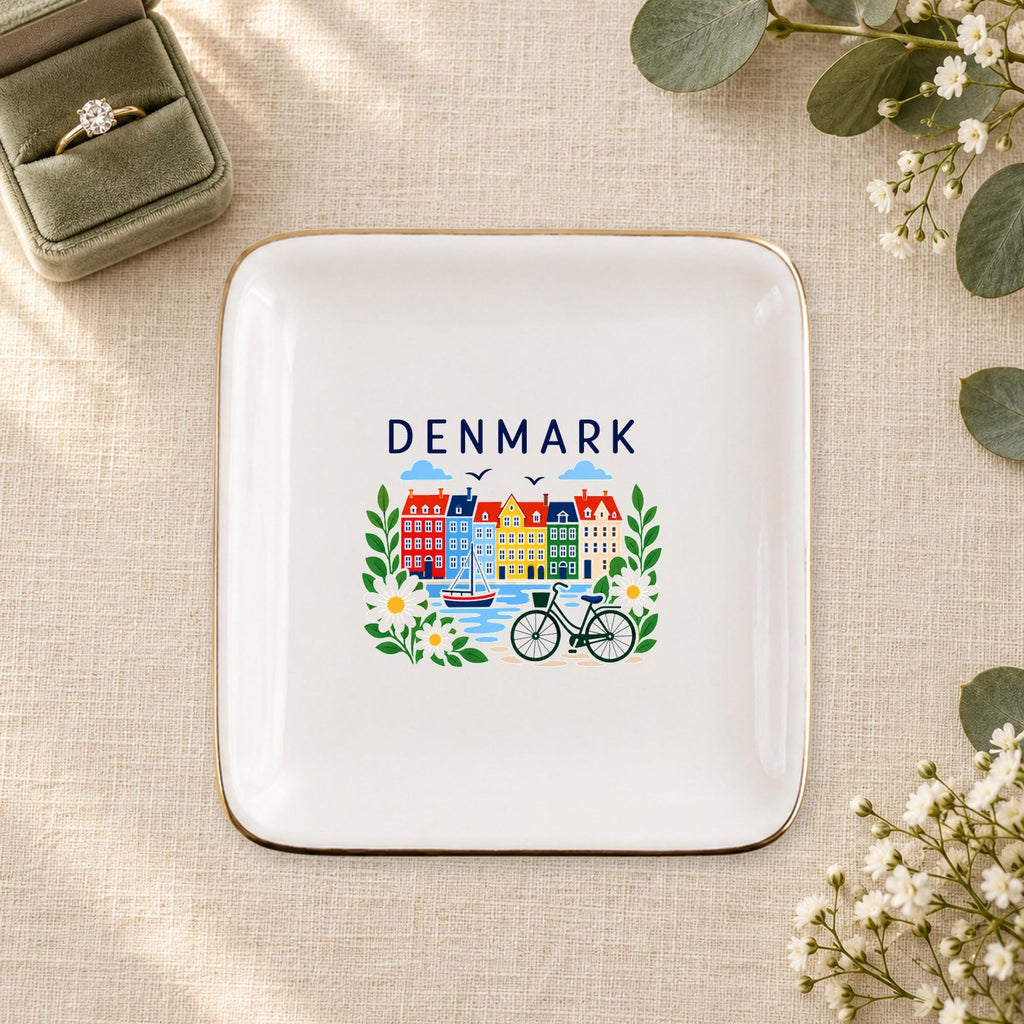 Denmark Ceramic Ring Dish, Gold Rim Trinket Tray, Jewelry Holder Gift, Five Shape Options