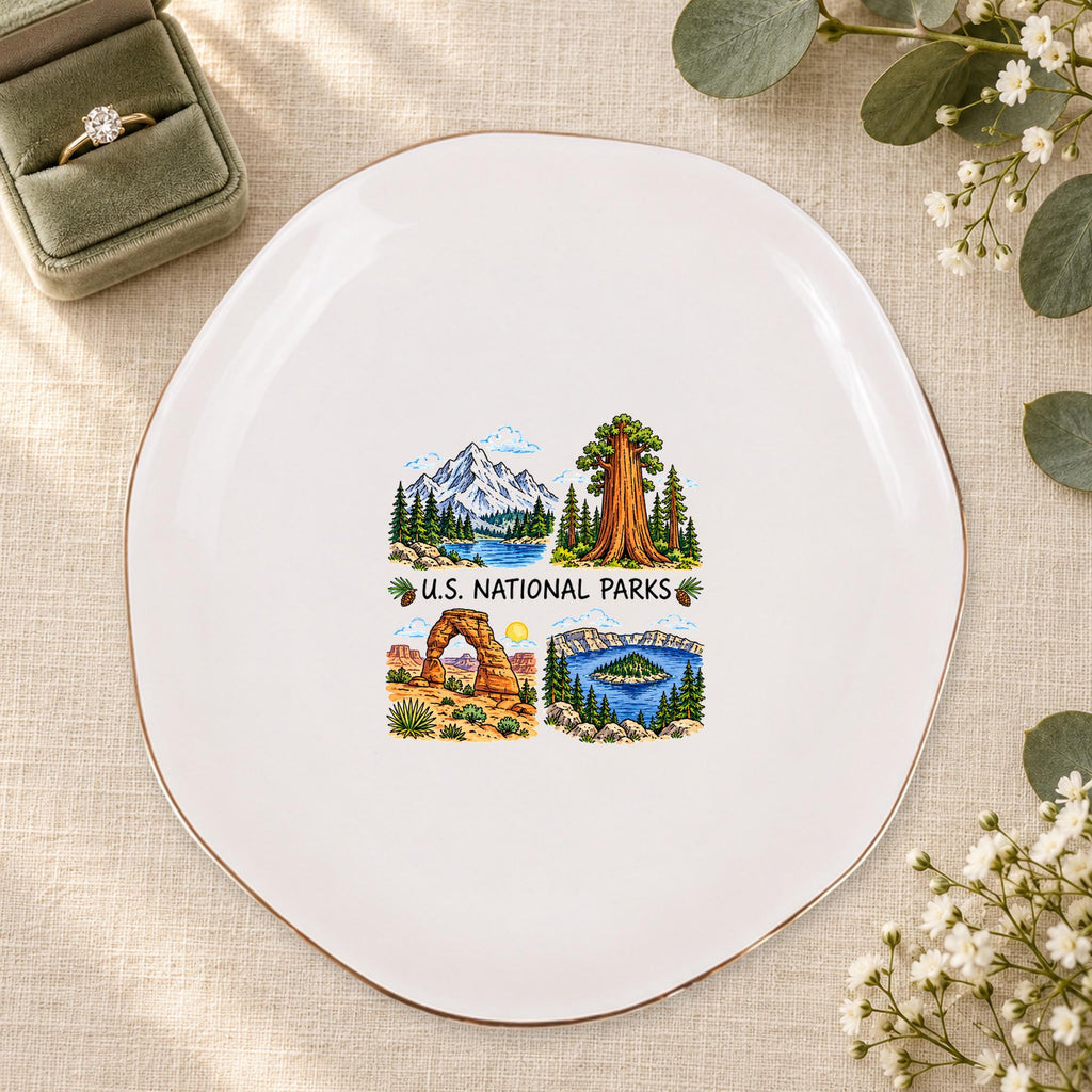 U.S. National Parks Ceramic Ring Dish, Gold Rim Trinket Tray, Jewelry Holder Gift, Five Shape Options