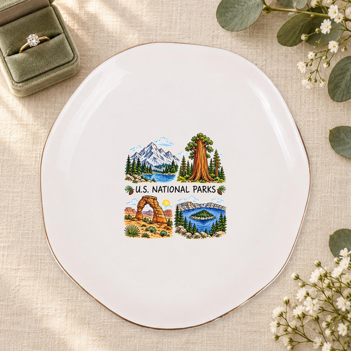 U.S. National Parks Ceramic Ring Dish, Gold Rim Trinket Tray, Jewelry Holder Gift, Five Shape Options