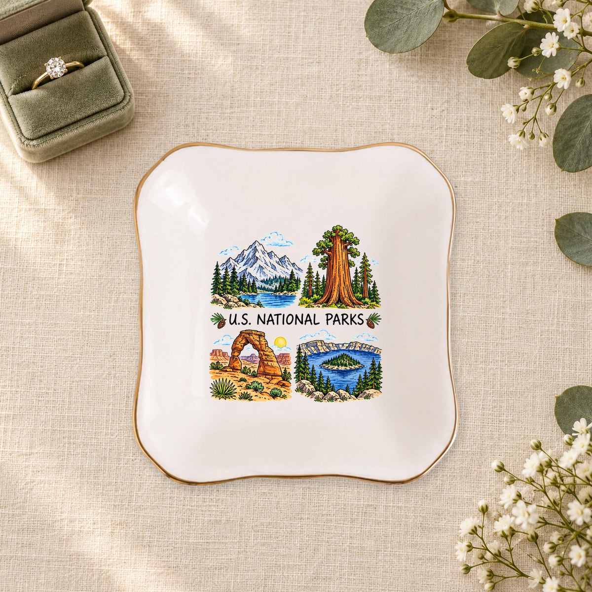 U.S. National Parks Ceramic Ring Dish, Gold Rim Trinket Tray, Jewelry Holder Gift, Five Shape Options