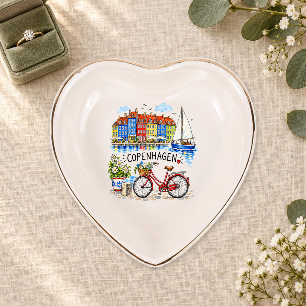 Copenhagen Ceramic Ring Dish, Gold Rim Trinket Tray, Jewelry Holder Gift, Five Shape Options