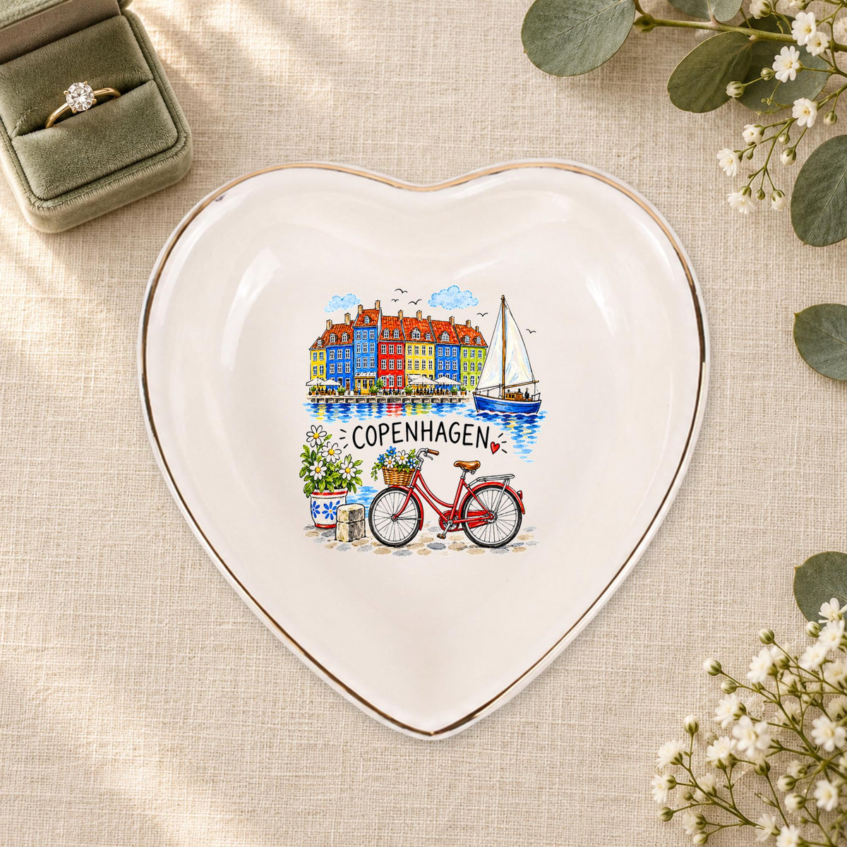 Copenhagen Ceramic Ring Dish, Gold Rim Trinket Tray, Jewelry Holder Gift, Five Shape Options