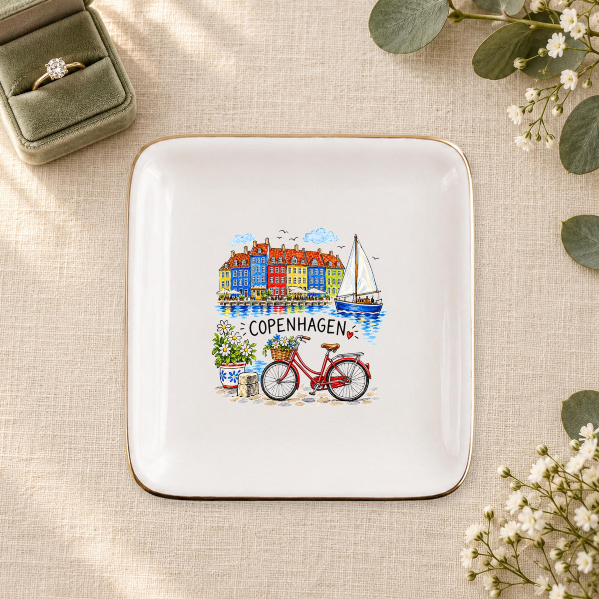 Copenhagen Ceramic Ring Dish, Gold Rim Trinket Tray, Jewelry Holder Gift, Five Shape Options