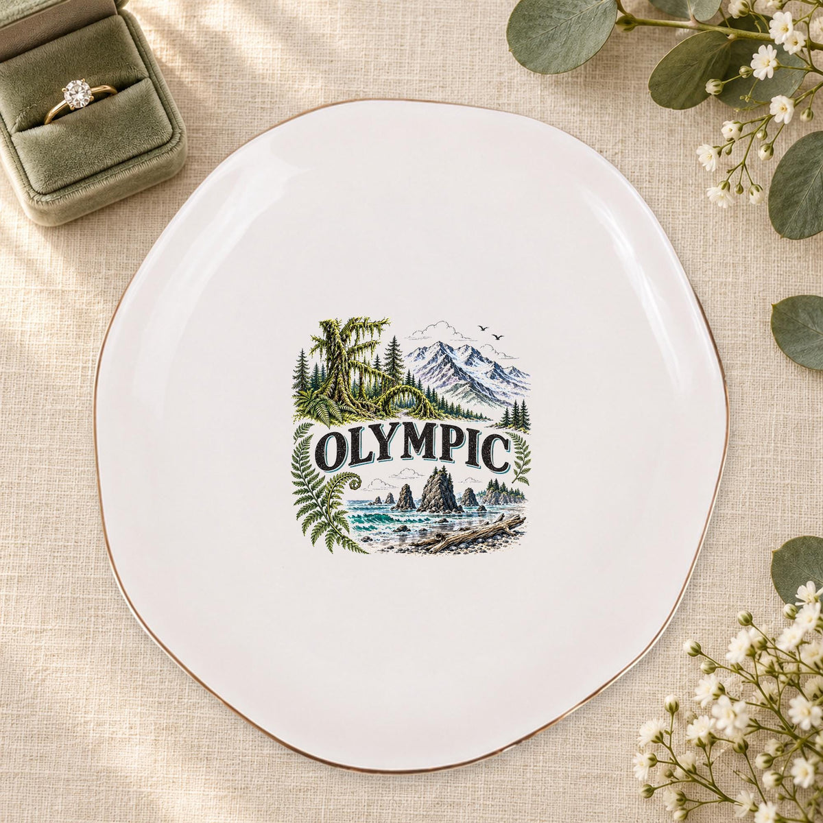 Olympic Ceramic Ring Dish, Gold Rim Trinket Tray, Jewelry Holder Gift, Five Shape Options