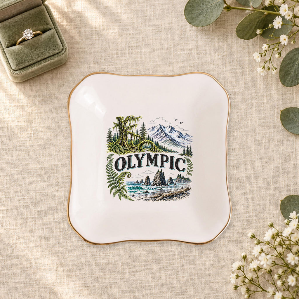 Olympic Ceramic Ring Dish, Gold Rim Trinket Tray, Jewelry Holder Gift, Five Shape Options
