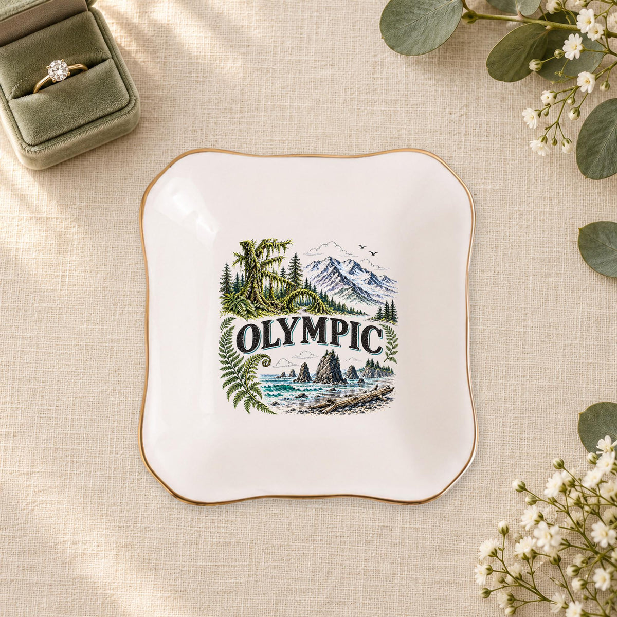 Olympic Ceramic Ring Dish, Gold Rim Trinket Tray, Jewelry Holder Gift, Five Shape Options