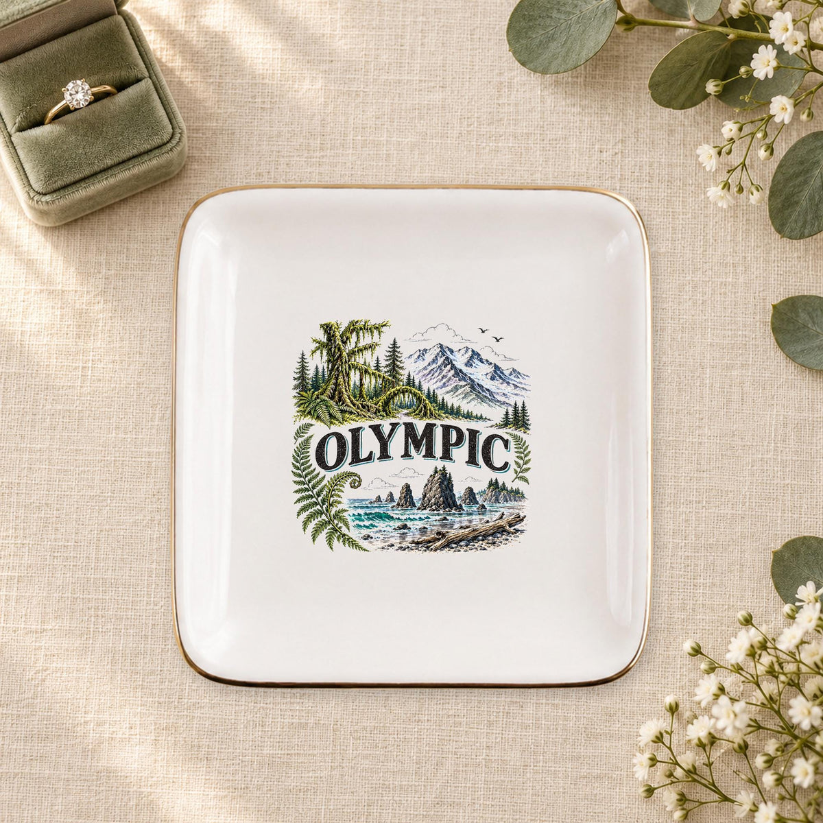 Olympic Ceramic Ring Dish, Gold Rim Trinket Tray, Jewelry Holder Gift, Five Shape Options