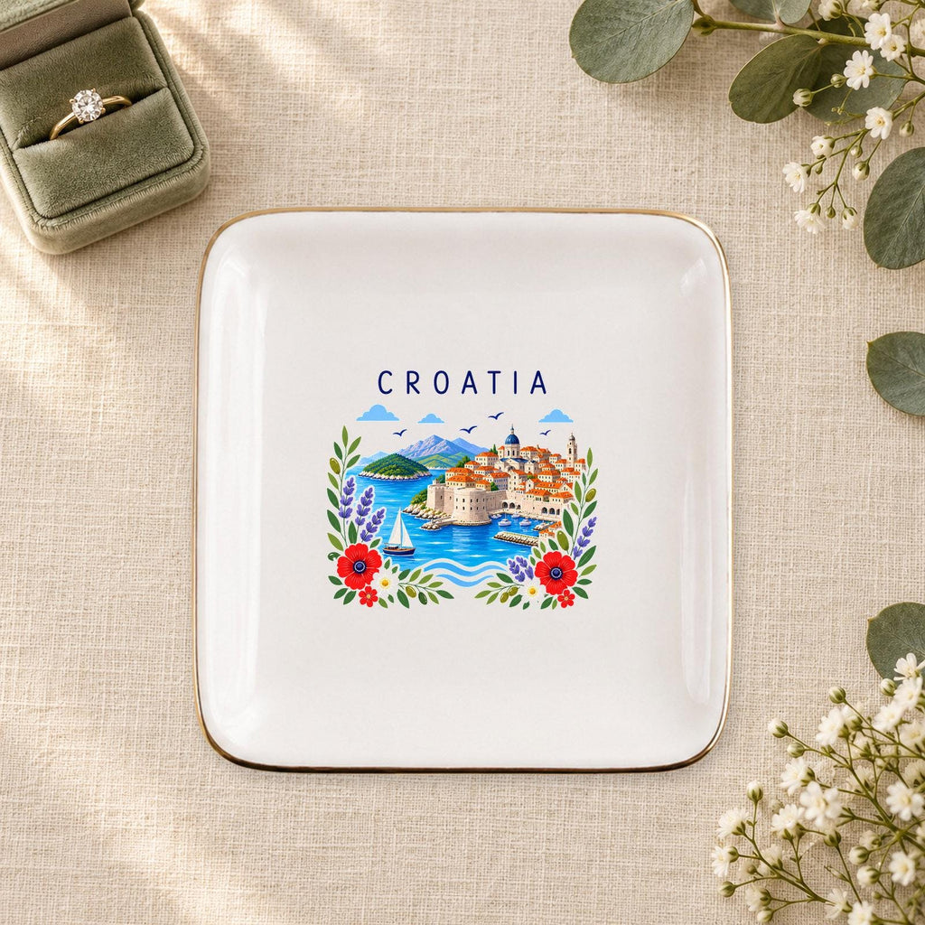 Croatia Ceramic Ring Dish, Gold Rim Trinket Tray, Jewelry Holder Gift, Five Shape Options