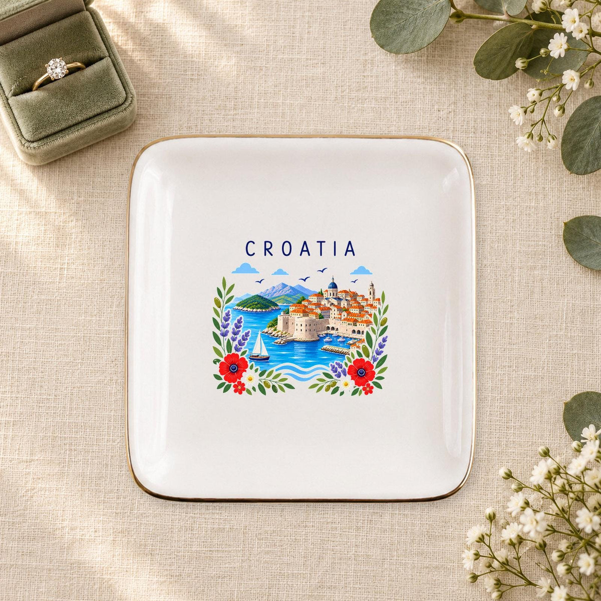 Croatia Ceramic Ring Dish, Gold Rim Trinket Tray, Jewelry Holder Gift, Five Shape Options