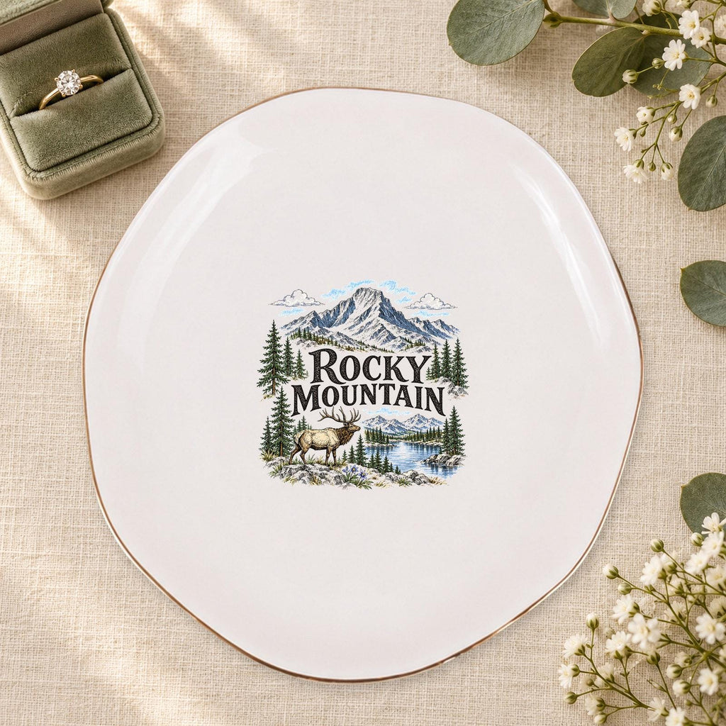 Rocky Mountain Ceramic Ring Dish, Gold Rim Trinket Tray, Jewelry Holder Gift, Five Shape Options