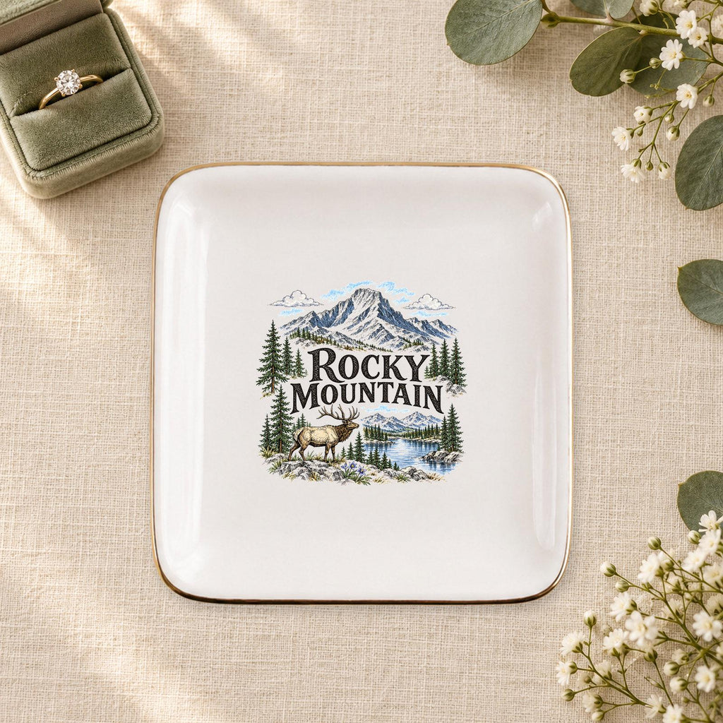 Rocky Mountain Ceramic Ring Dish, Gold Rim Trinket Tray, Jewelry Holder Gift, Five Shape Options