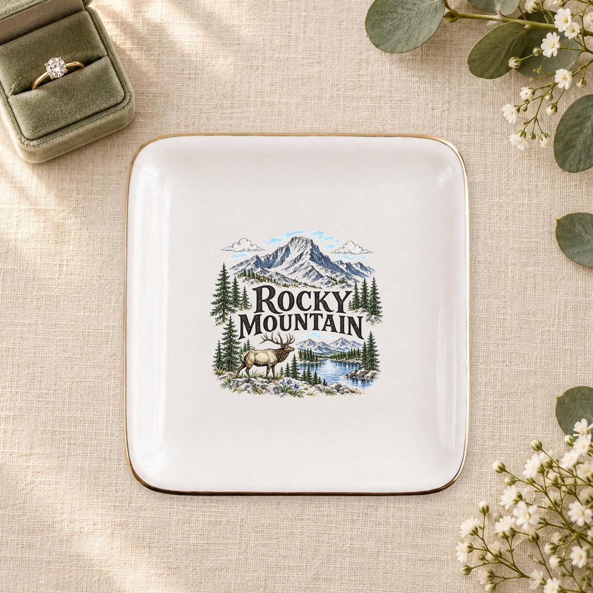 Rocky Mountain Ceramic Ring Dish, Gold Rim Trinket Tray, Jewelry Holder Gift, Five Shape Options