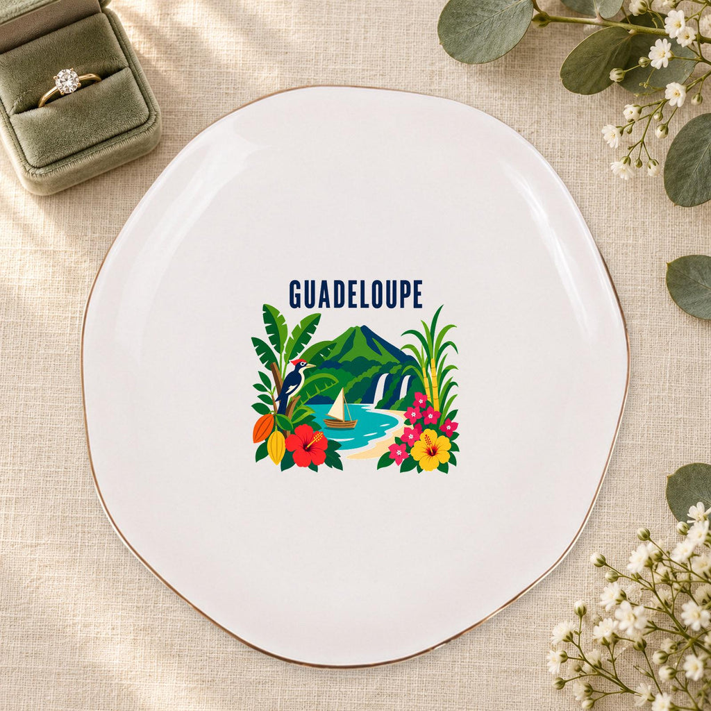 Guadeloupe Ceramic Ring Dish, Gold Rim Trinket Tray, Jewelry Holder Gift, Five Shape Options