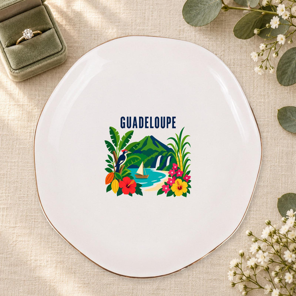 Guadeloupe Ceramic Ring Dish, Gold Rim Trinket Tray, Jewelry Holder Gift, Five Shape Options
